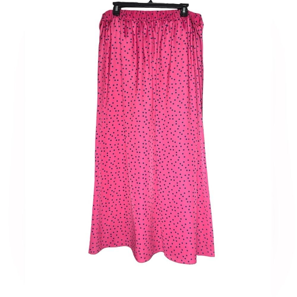 J Peterman Maxi Skirt Size 12 Pink Navy Polka Dot Print A Line Retro Pockets